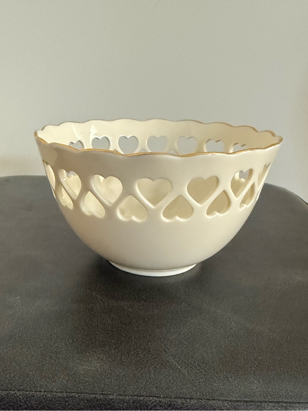 Lenox Cream Ceramic Bowl with Gold Rim and Heart Cutouts